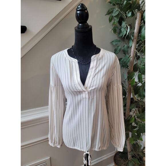 Ann Taylor Blouse Women's Medium White Black Striped Long Sleeve V Neck Top - Picture 1 of 13